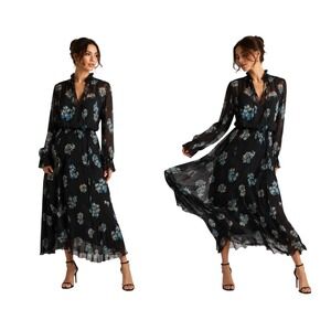 Polo Ralph Lauren Midi Dress Floral Georgette Black Chiffon Ruffles 4 RTL $498